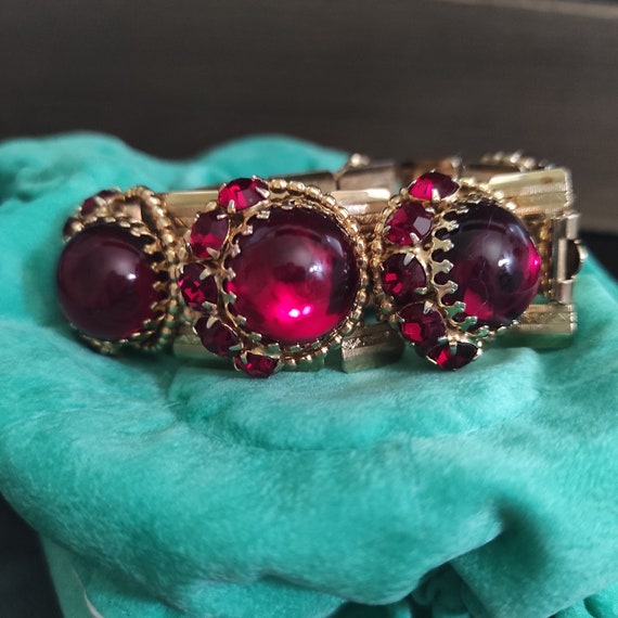 Ruby red wide bracelet Prong set crystals Raised … - image 4