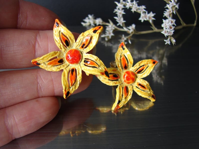 Yellow orange jewelry Brooch earring set Large flower brooch Floral clip earrings Signed ART jewelry Statement brooch Easter jewelry gift