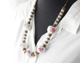 Mothers day necklace Handpainted rose White ceramic beaded necklace Regencycore necklace