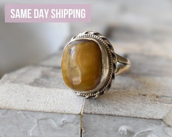 Vintage tiger eye ring size 2.5 Pinky silver ring with gemstone