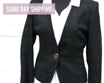 Vintage black fitted blazer size 2 Petites One button jacket Tailored suit Tuxedo style blazer