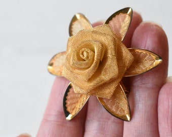 Large gold rose brooch Mesh flower pin for women Floral jewelry gift for her Mesh rose summer dress brooch