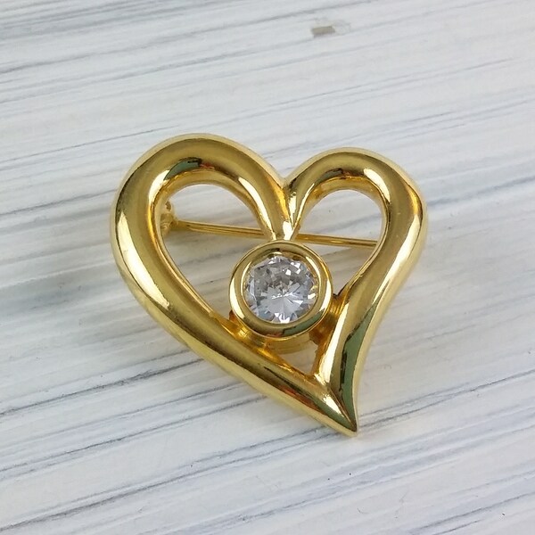 Anne Klein brooch Gold heart pin Crystal heart brooch Mothers day gift