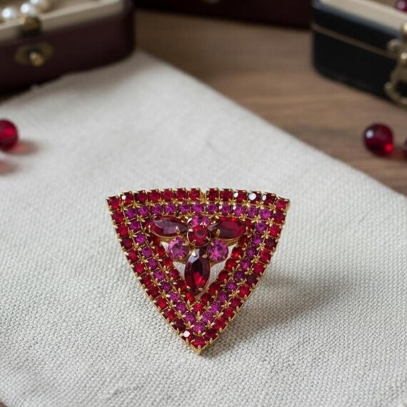 60th Large Ruby Rhinestone Triangle Brooch Pin, V… - image 2