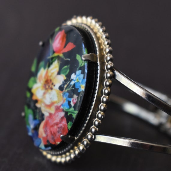 Birth flower Clamp bracelet Black cabochon with h… - image 7