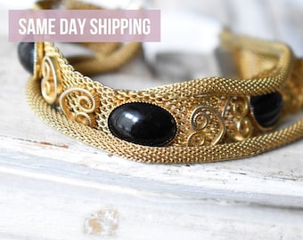 Black onyx mesh bracelet Mesh chain wide floral bracelet with black cabochons Midcentury modern bracelet for women with filigree heart