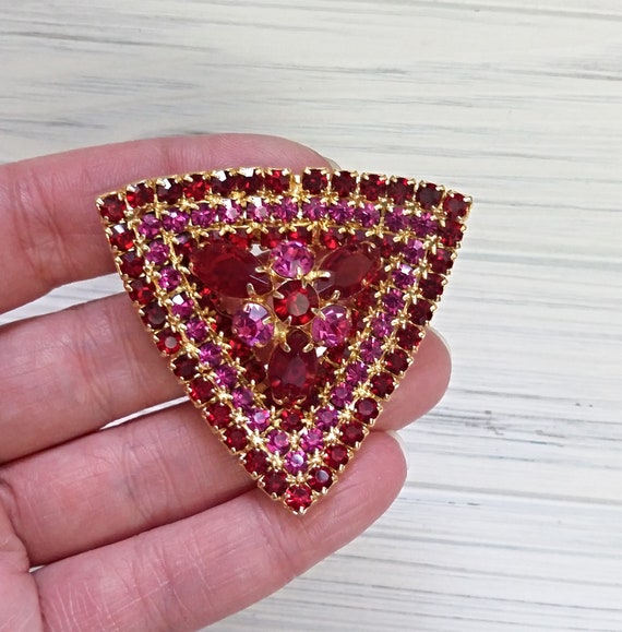 60th Large Ruby Rhinestone Triangle Brooch Pin, V… - image 7