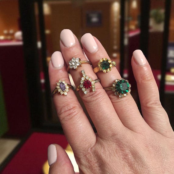 90s style ring Adjustable Rhinestone crystals fau… - image 1