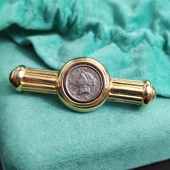 Ancient coin brooch Gold tone roman coin bar pin … - image 1