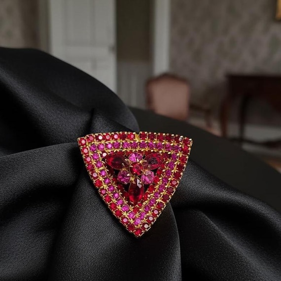 60th Large Ruby Rhinestone Triangle Brooch Pin, V… - image 4