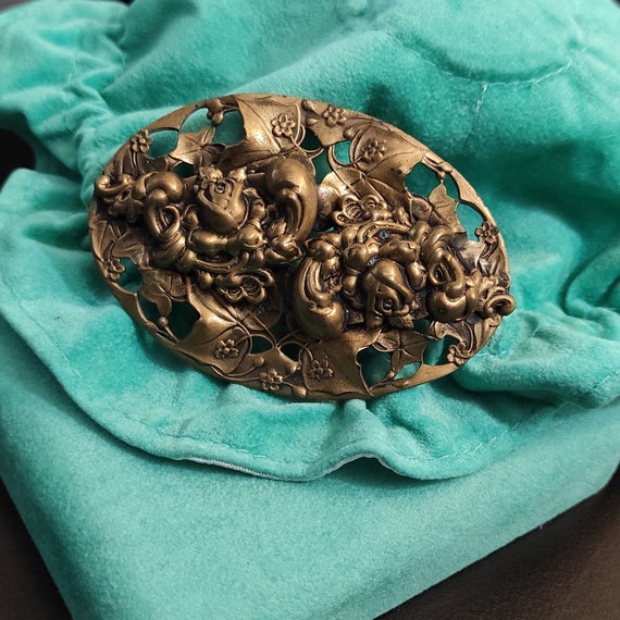Art Nouveau oval brooch Large floral brooch Repou… - image 3