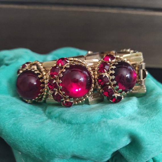 Ruby red wide bracelet Prong set crystals Raised … - image 5