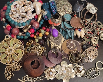 20 pcs Jewelry lot wearable Vintage 80s jewelry lot ethnic boho necklace Earrings Costume jewelry mystery bundle, Mothers day gift