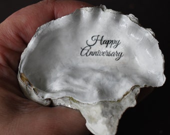 Happy anniversary ring dish. Personalized oyster ring holder shell. Silver finish seashell ring bowl