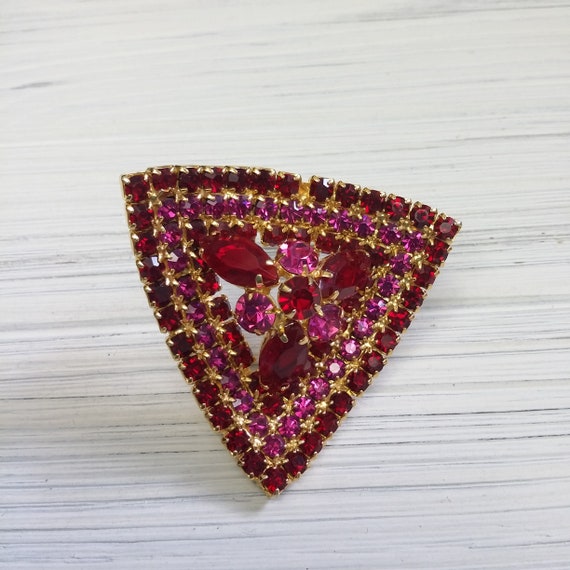 60th Large Ruby Rhinestone Triangle Brooch Pin, V… - image 8