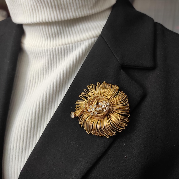 large gold brooch for dress flower with crystals Modernist floral pin Christmas Birthday jewelry gift friend Brooch lovers gift Mother's day gold brooch