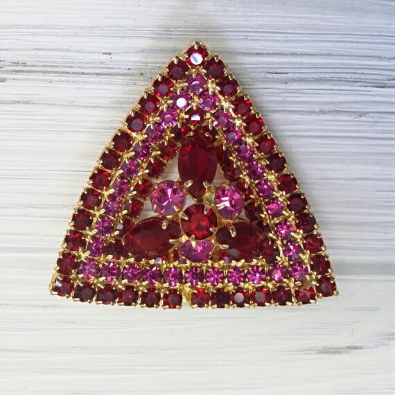 60th Large Ruby Rhinestone Triangle Brooch Pin, V… - image 12