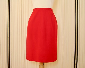 Vintage straight skirt, 1950's-60's, fire engine red wool, partially lined, side zipper, kick pleat, fits waist 26".