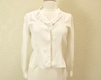 Vintage blouse, 1930's-40's, cream synthetic crepe, darts at waist, long sleeves, pretty ruffled detailing, size M, misses 10-12.
