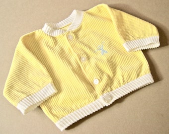 Vintage baby jacket, 1950's-60's, for a boy or unisex, yellow cotton corduroy, white cotton knit ribbing, cute embroidered emblem.