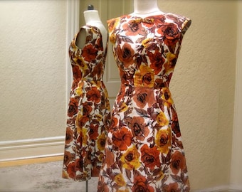Vintage Summer dress,1960's, sleeveless, cotton, rose print, orange, gold, cinnamon, black and white, low cut back, Jackie O, size 6-8