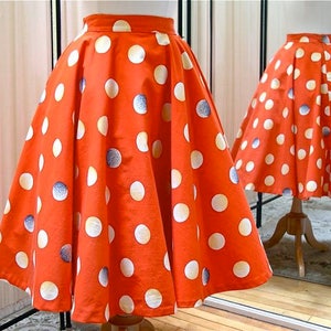 Vintage circle skirt, 1950&#39;s, orange, white polkadots, cotton sports weight, handmade, side zipper, pocket, fits waist 26&quot;, fabulous.