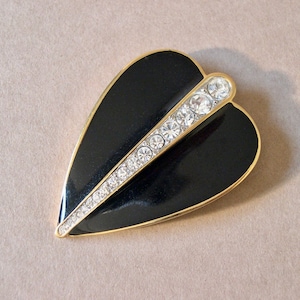Vintage Monet brooch, 1980&#39;s, black enamel stylized leaf with rhinestone detail and gold toned metal, striking design.