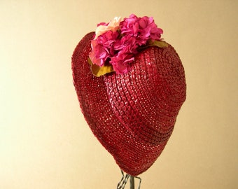 Lady's vintage hat, 1940's, WWII, raspberry lacquered straw, bonnet style, magenta and pink flowers, Summer fashion, good condition.