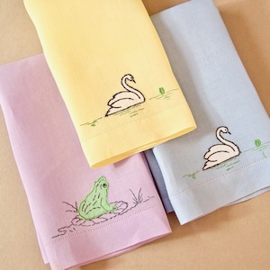 Vintage hand towel set of 3, lavender, yellow, blue linen, hand embroidered, appliquéd swans and frog, openwork, mid-century, good condition