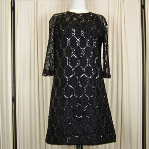 Vintage dress, 1960's Mod, black sequined lace cocktail dress, A line, sheer 3/4 length sleeves, wedding, special  occasion, small/petite.