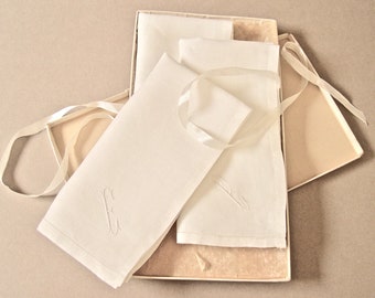Men's monogram "E" vintage linen handkerchiefs, set of three, off-white, machine embroidered, new, 1940's-50's, 16 1/2" square, classic.