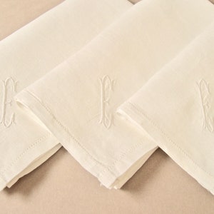Men's monogram E vintage linen handkerchiefs, set of three, off-white, machine embroidered, new, 1940's-50's, 16 1/2 square, classic. image 3