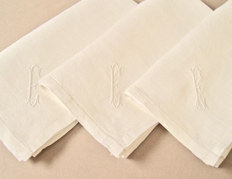 Men's monogram E vintage linen handkerchiefs, set of three, off-white, machine embroidered, new, 1940's-50's, 16 1/2 square, classic. image 3