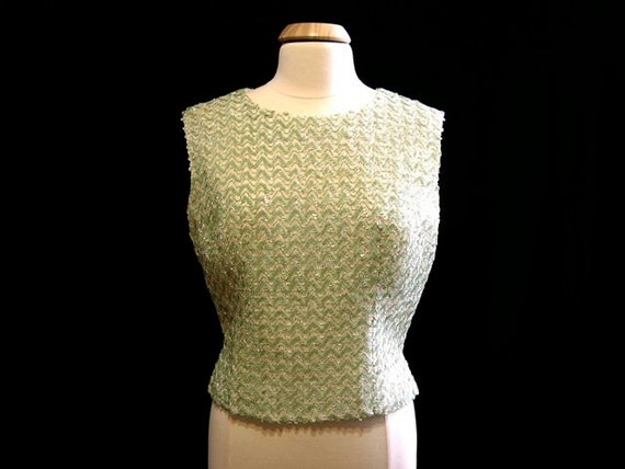 Vintage sequined shell/top, 1960s, pale green seq… - image 1