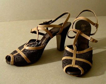 Women's vintage shoes, 1950's, high heeled sandals, brown lace, tan "T" and ankle straps, open toe, size 7 medium.