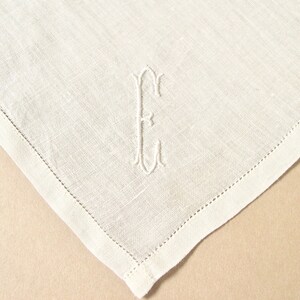 Men's monogram E vintage linen handkerchiefs, set of three, off-white, machine embroidered, new, 1940's-50's, 16 1/2 square, classic. image 2