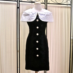 Vintage cocktail dress, 1980&#39;s, black fitted sheath, white pearl studded collar, gorgeous buttons, very Joan Collins &quot;Dynasty&quot; size 12.