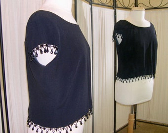 Vintage evening top, 1960's, black crepe with beaded trim, cropped length, cap sleeves, lined, size L, misses 17-18, new with tag.