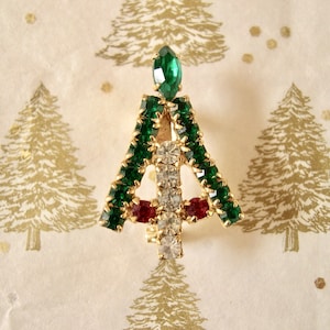 Vintage Christmas brooch, Christmas tree, red, green, clear prong set rhinestones, gold toned metal, unmarked, very small, darling.