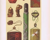 1883 Chromolithograph Japanese Sagemono Netsuke Japanese Medicine Tobacco Box