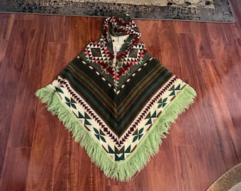 Handmade Alpaca Wool Hooded Poncho – Southwest Geometric Aztec Pattern Fringe Cape