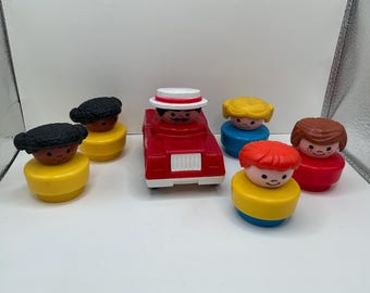 Vintage 90s Fisher Price Chunky Little People/ Lot of 6 +1 Vehicle