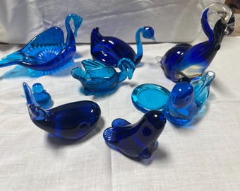 Lot of cobalt, beautiful glass birds seal whale.