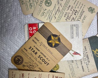 Vintage 1940s-1960s Boy Scout Lot - Star Scout Certificate, Merit Badges, Troop Records, Cub Scouts Ephemera