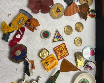 Vintage Boy Scout Memorabilia Lot - Eagle Patches, Neckerchiefs, Webelos, Carvings, Pins & More 1950s-70s