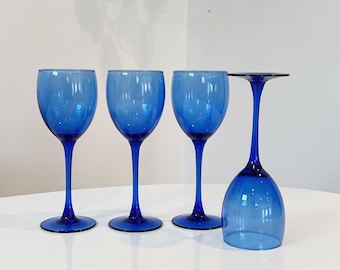 Set of Four Luminarc France Cobalt Blue Crystal Wine Glasses