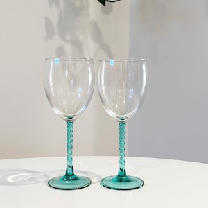 Set of Two Vintage Luminarc Angelique Wine Glasses with Twisted Aqua Stem