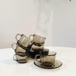 Set of Six Arcoroc France Smoked Glass Demitasse/Espresso Cups with Matching Saucers