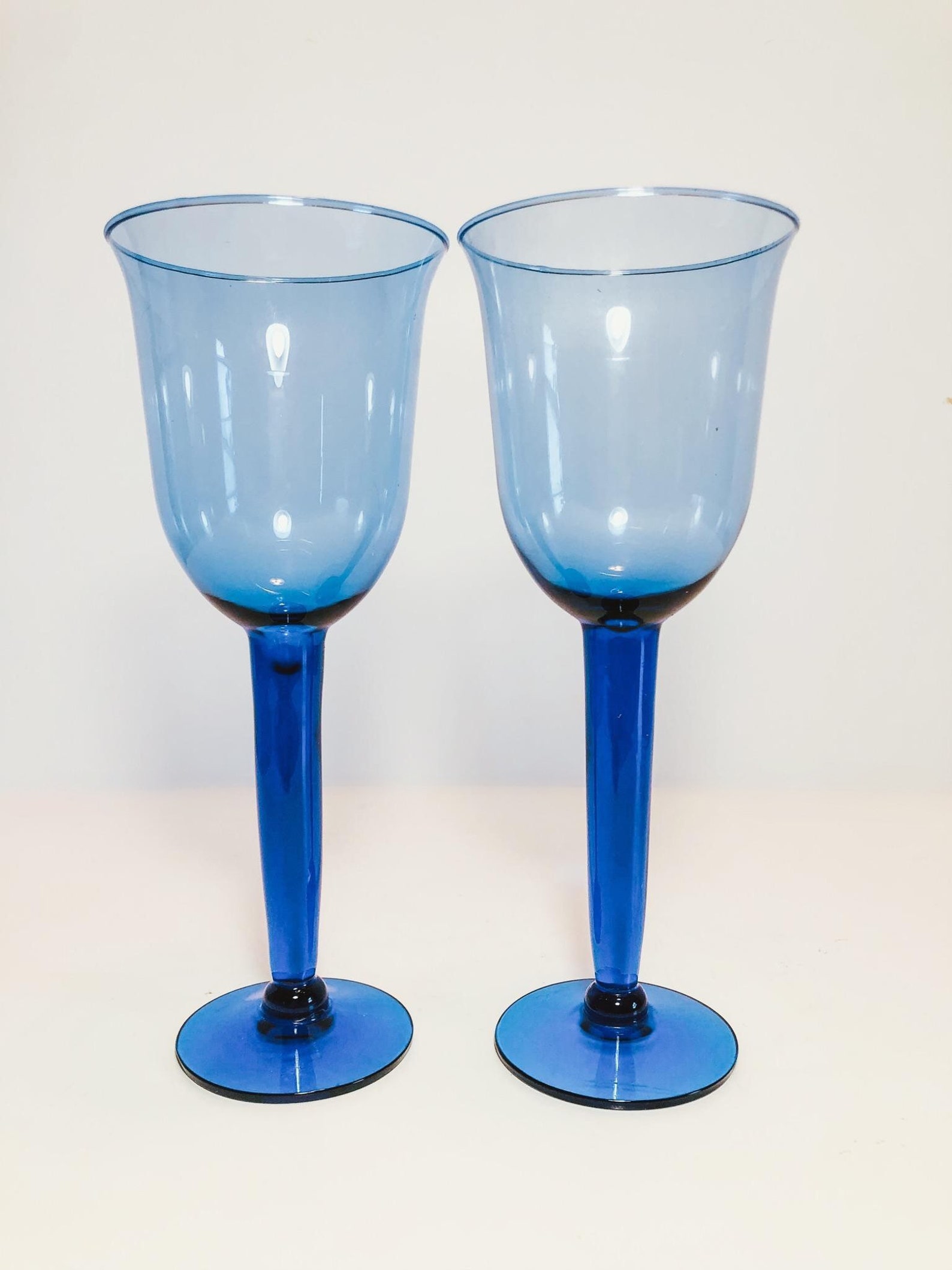 Set of Two Cobalt Tall Thick Stem Blown Glass Wine Glasses Etsy