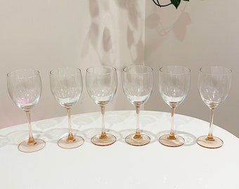 Set of Six Vintage Luminarc France Pink Stem Wine Glasses